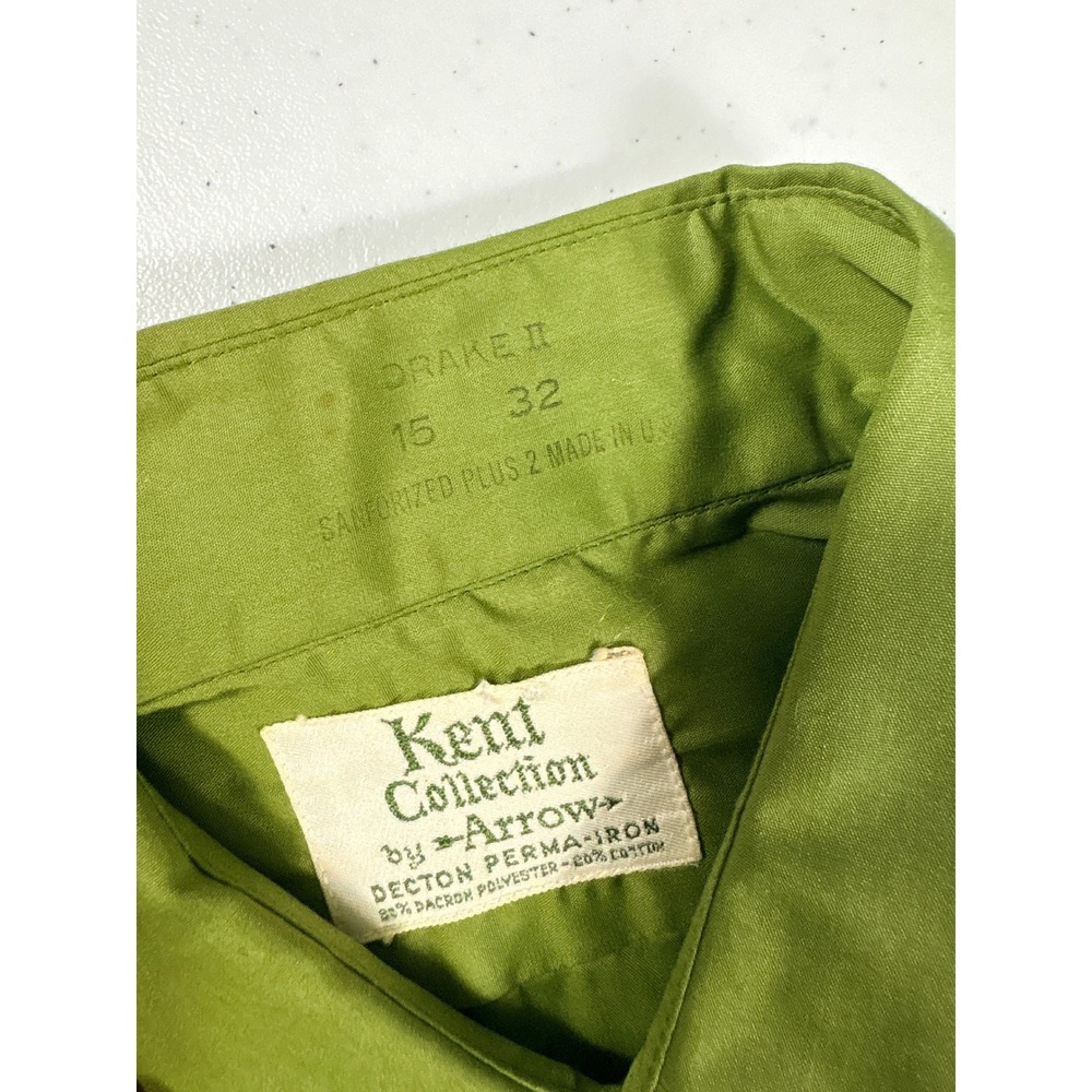 Vintage 70s Arrow Kent Lime Green Button Down Shirt Men 15/32 M disco big collar - Picture 2 of 8